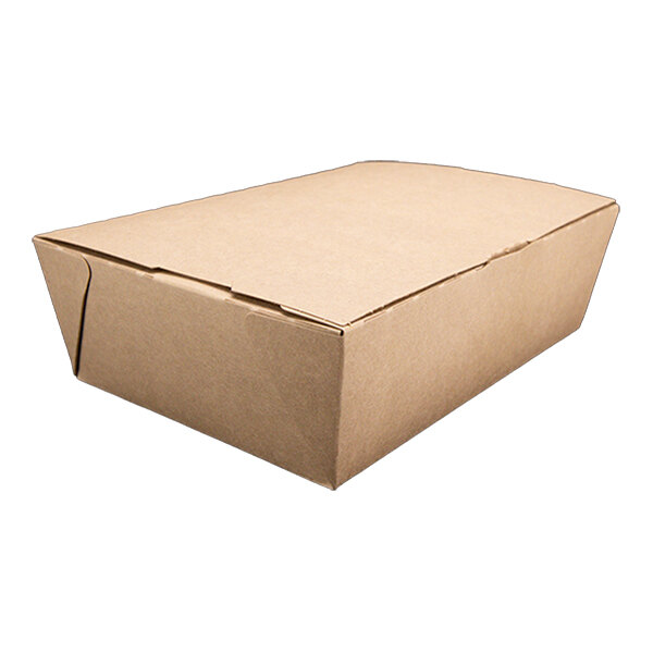 A close-up of a brown Southern Champion folded paper take-out box with a lid.