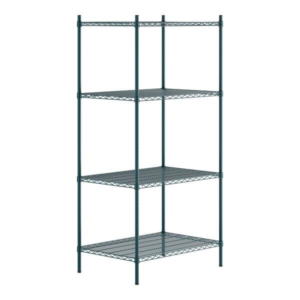 A green epoxy-coated metal shelving unit with four adjustable wire shelves and tall posts.