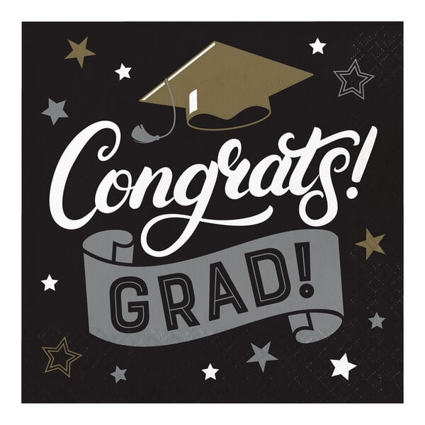 A black and white Creative Converting paper luncheon napkin with a graduation cap and stars.
