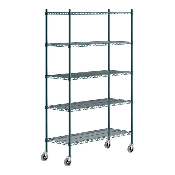 A green epoxy-coated five-shelf metal shelving unit with casters.