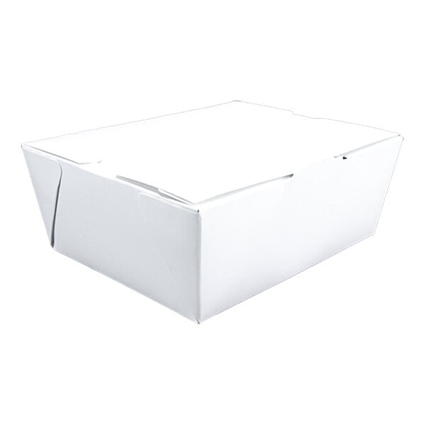 A white Southern Champion folded paper take-out container with lid.