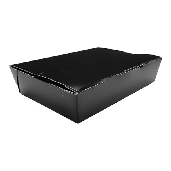 A black Southern Champion paper take-out box with a lid.