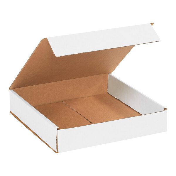 A white Lavex corrugated mailer box with a lid open.