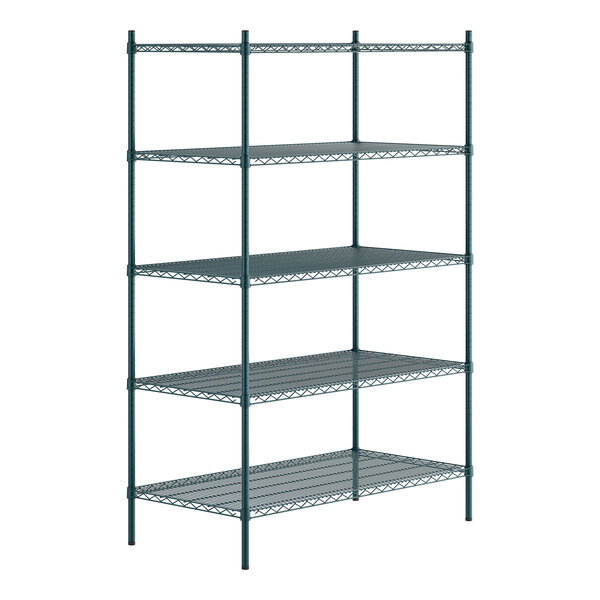 A green epoxy-coated metal shelving unit with five adjustable wire shelves and four tall posts.