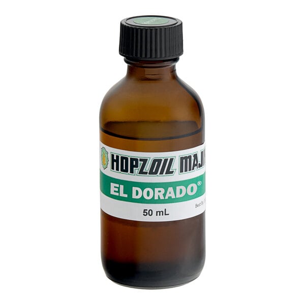 A brown Hopzoil MAJIK El Dorado hop extract bottle with a white label and black cap.