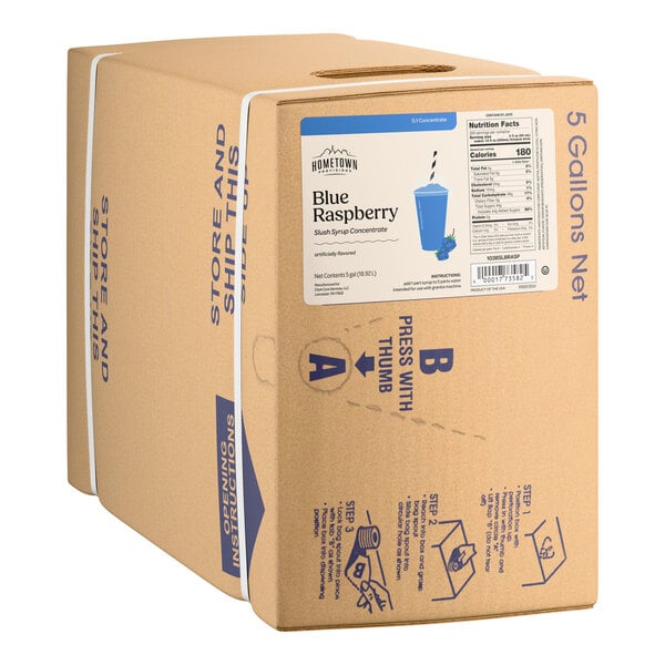 A 5-gallon bag-in-box of Hometown Provisions Blue Raspberry Slushy 5:1 concentrate.
