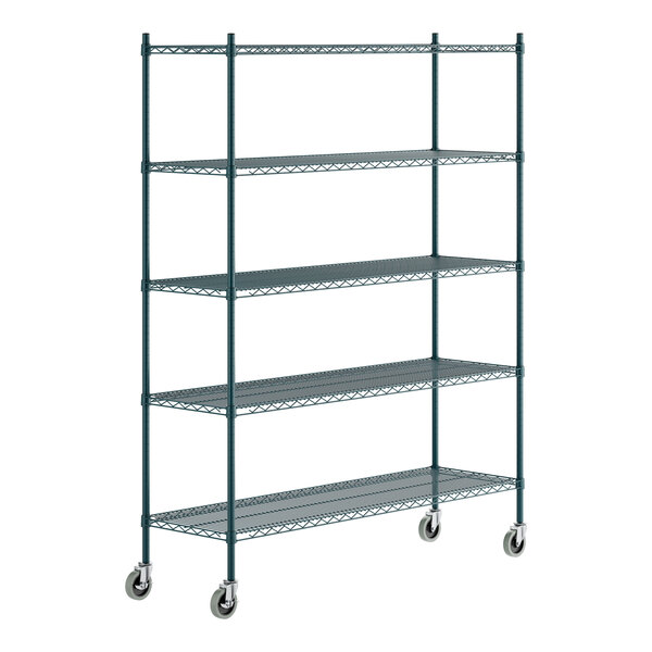 A green epoxy-coated five-shelf wire shelving unit with casters for mobility.