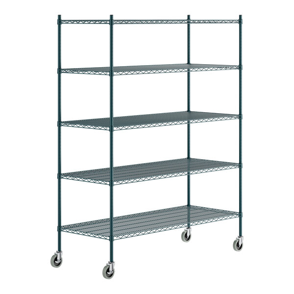 A green epoxy-coated five-shelf metal storage rack with casters.