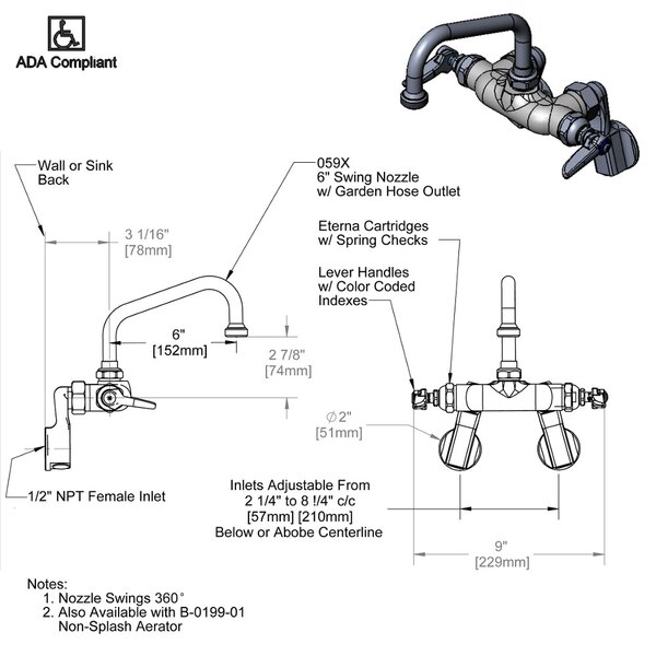 A diagram of a T&S wall mounted pantry faucet with a swing nozzle and garden hose outlet.