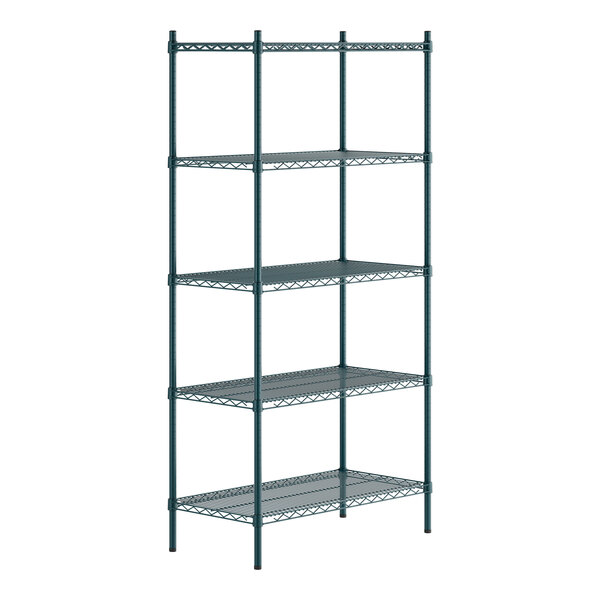 A green epoxy-coated five-shelf metal shelving unit with four vertical posts.