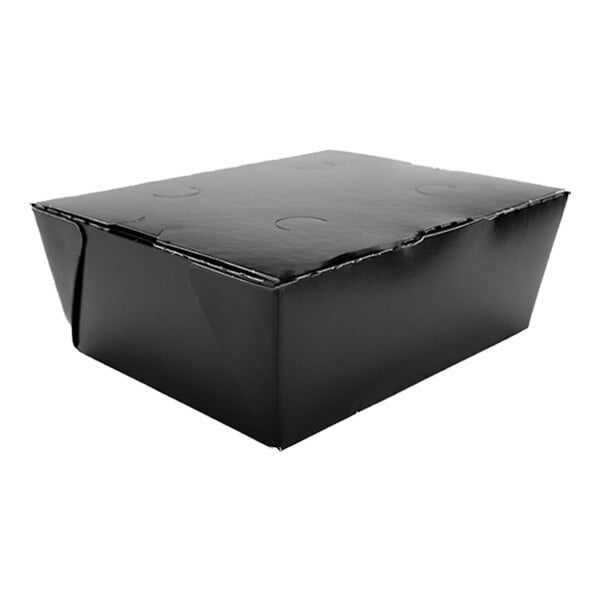 A black food container with a lid.