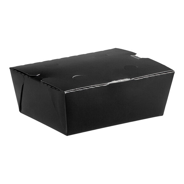 A Southern Champion black folded paper take-out box with a lid.