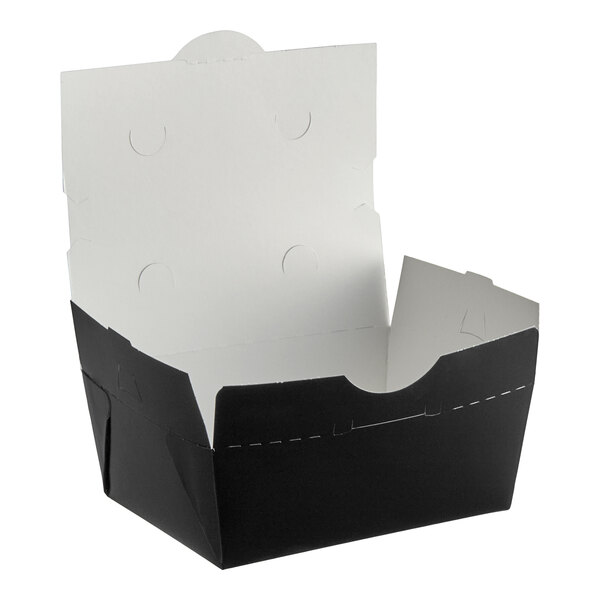 A black and white Southern Champion paper take-out box with a lid.