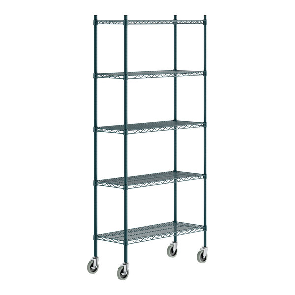 A green epoxy-coated five-shelf metal shelving unit with casters and tall posts.