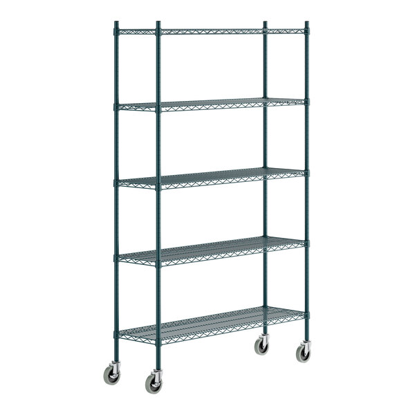 A green epoxy-coated five-shelf wire shelving unit with casters and tall posts.