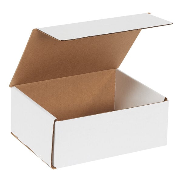 A white cardboard box with a lid open.