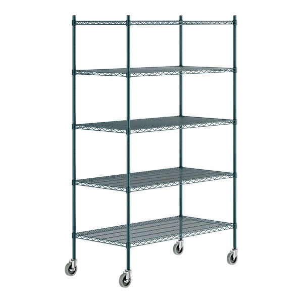 A green epoxy-coated five-shelf metal storage rack with casters for mobility.