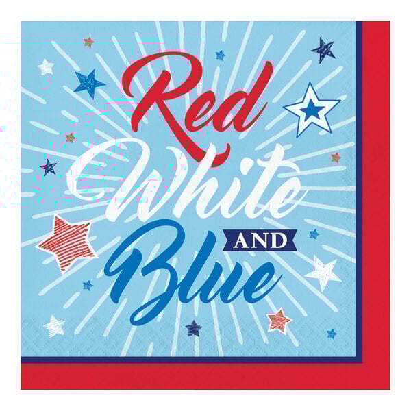 A white paper luncheon napkin with a blue background, red and blue text, and a star.