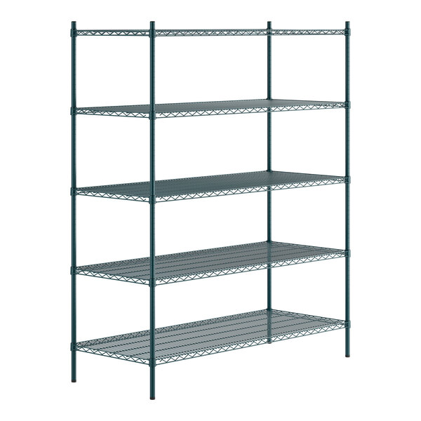 A green epoxy-coated five-shelf metal shelving unit with four vertical posts.
