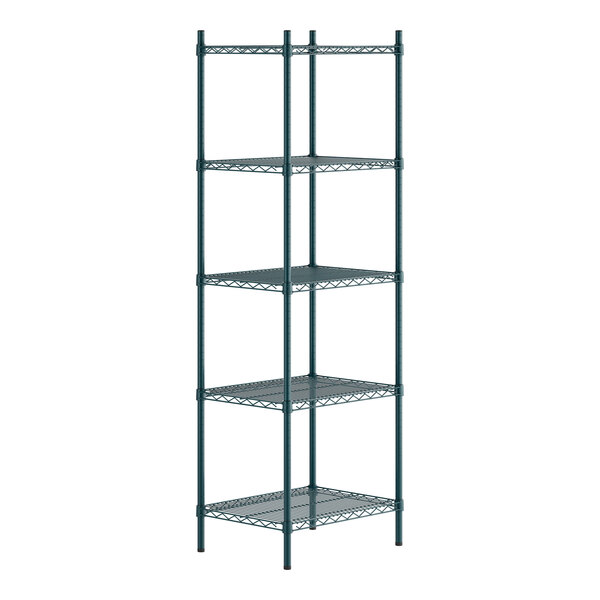 A green epoxy-coated metal shelving unit with five wire shelves and four tall posts.
