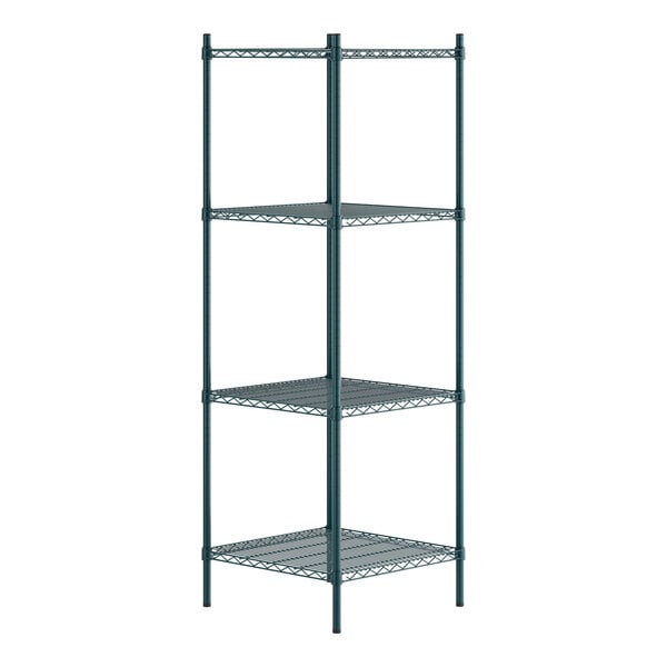 A green epoxy-coated four-shelf metal storage rack with 72-inch posts.