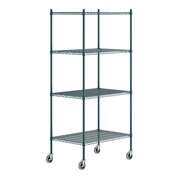 A green epoxy-coated four-shelf metal storage rack with casters and tall posts.