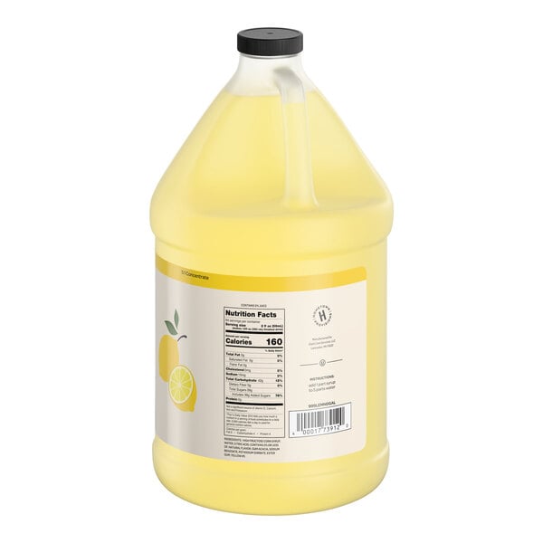 A one-gallon plastic jug of Hometown Provisions Lemonade Beverage 5:1 Concentrate with a label featuring nutrition facts and a lemon graphic.