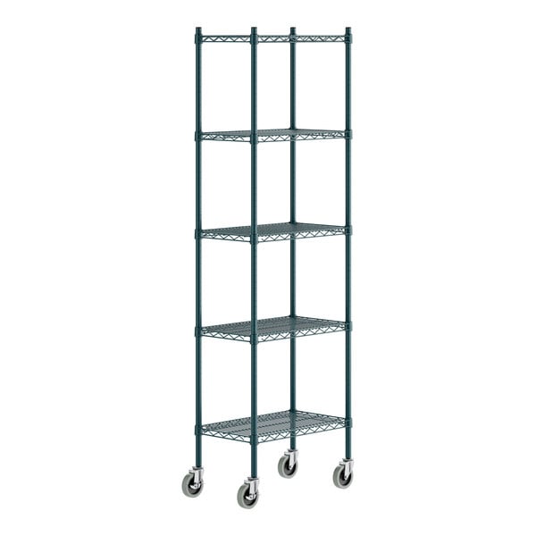 A green epoxy-coated five-shelf wire shelving unit with four posts and casters.