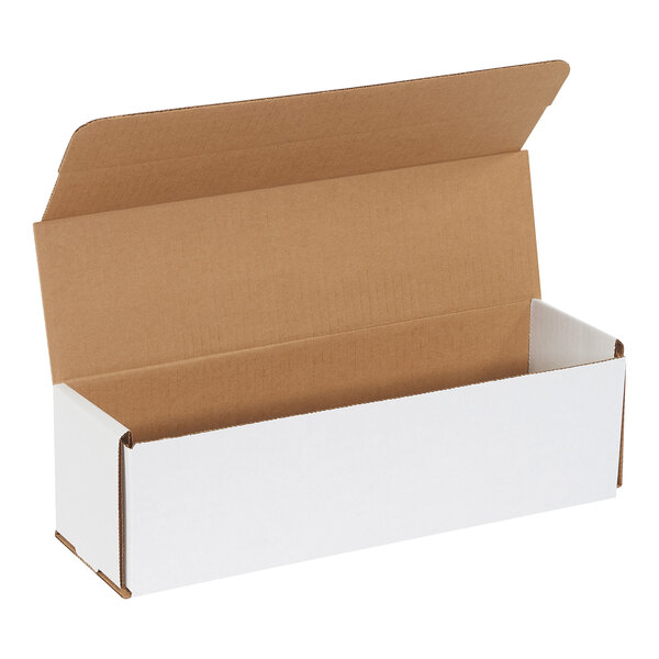 A white cardboard box with a white lid open.