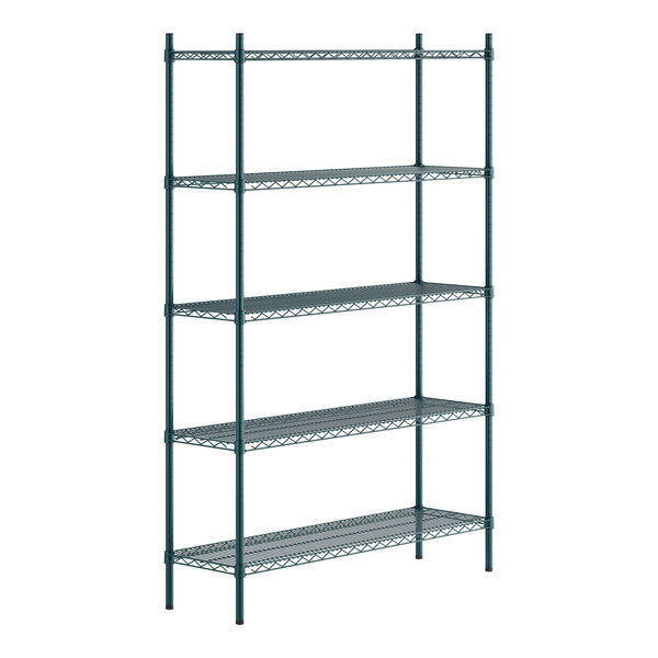 A green epoxy-coated five-shelf metal shelving unit with four vertical posts.