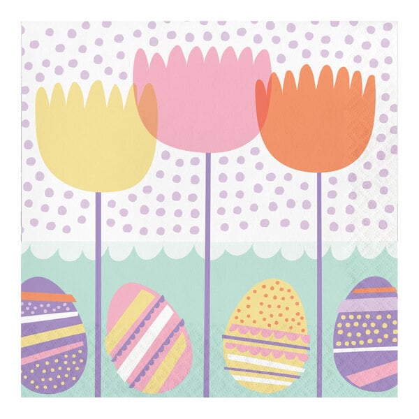 A Creative Converting paper napkin with purple and pink flowers and colorful Easter eggs with stripes and dots.