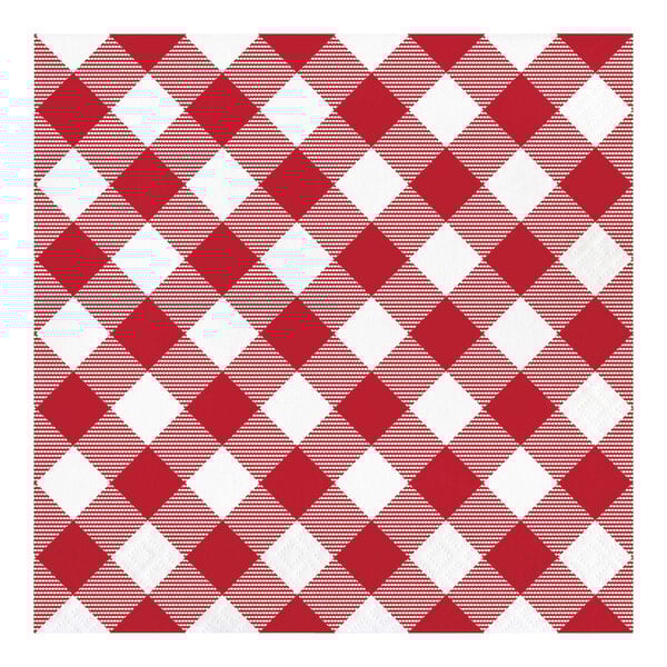 A red and white gingham luncheon napkin on a white background.