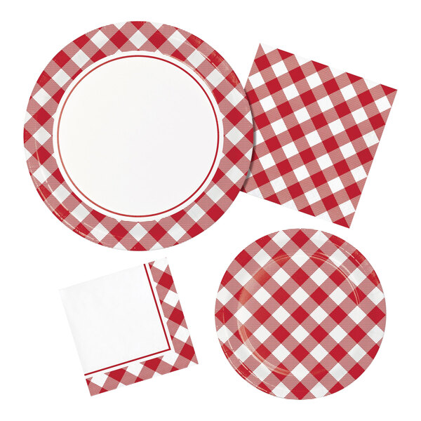 A package of red and white checkered paper luncheon napkins.