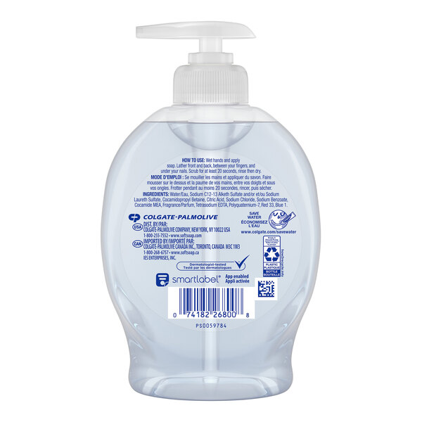 A plastic bottle of Softsoap Fresh Scent Liquid Hand Soap with a white cap and label.