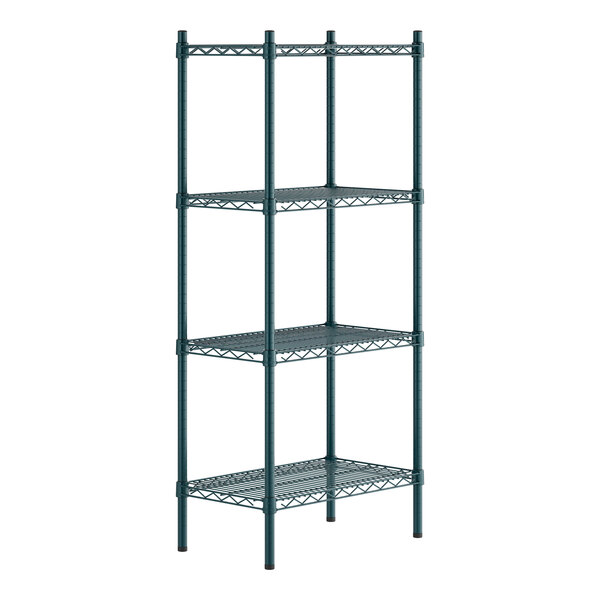 A green epoxy-coated metal shelving unit with four wire shelves and four vertical posts.