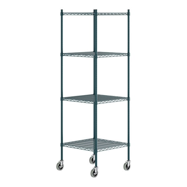 A green epoxy-coated four-shelf metal storage rack with casters and 72-inch posts.