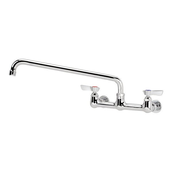 A Krowne wall-mount faucet with a 14" swing nozzle and lever handles.