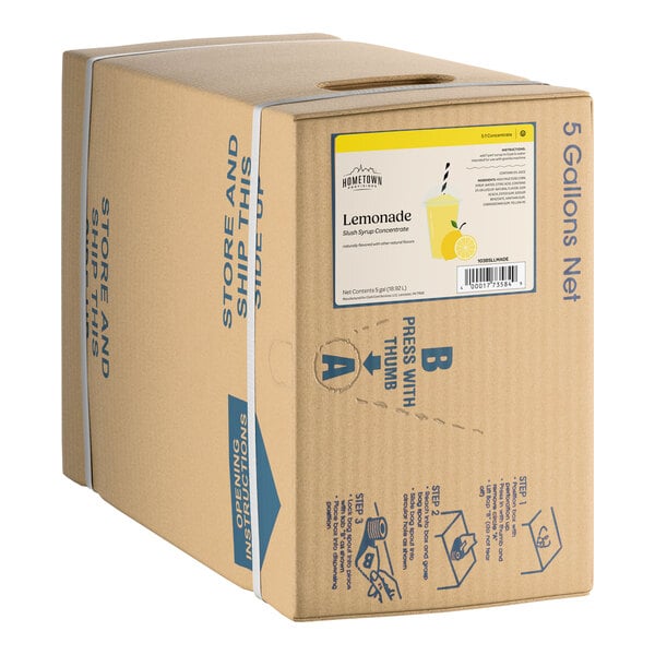 A 5-gallon box of Hometown Provisions Lemonade Slushy 5:1 concentrate.