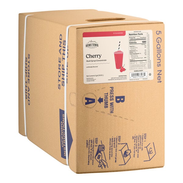 A 5-gallon bag-in-box of Hometown Provisions Cherry Slushy 5:1 concentrate.