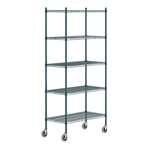 A green epoxy-coated five-shelf metal shelving unit with casters for mobility.