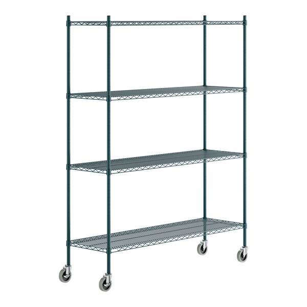 A green epoxy-coated four-shelf metal shelving unit with casters.