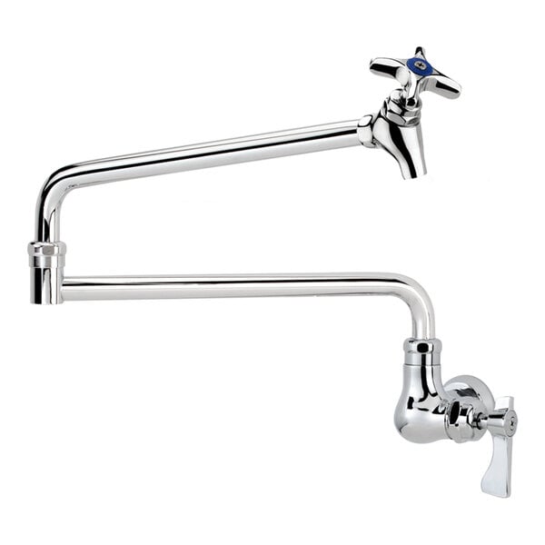 A chrome Krowne Royal Series wall-mount pot filler faucet with a cross handle.