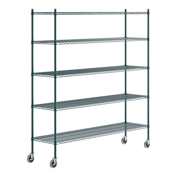 A green epoxy-coated five-shelf metal storage rack with casters for mobility.