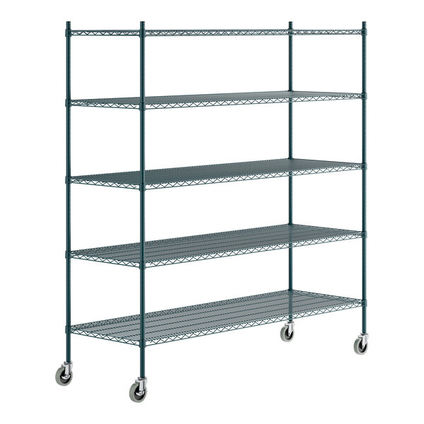 A green epoxy-coated five-shelf metal storage rack with wheels.