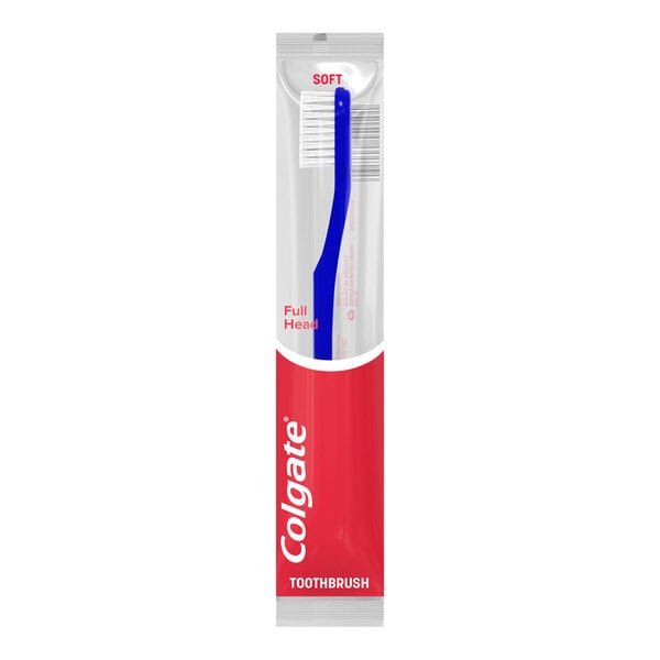 A package of 144 Colgate toothbrushes with blue handles and white bristles.