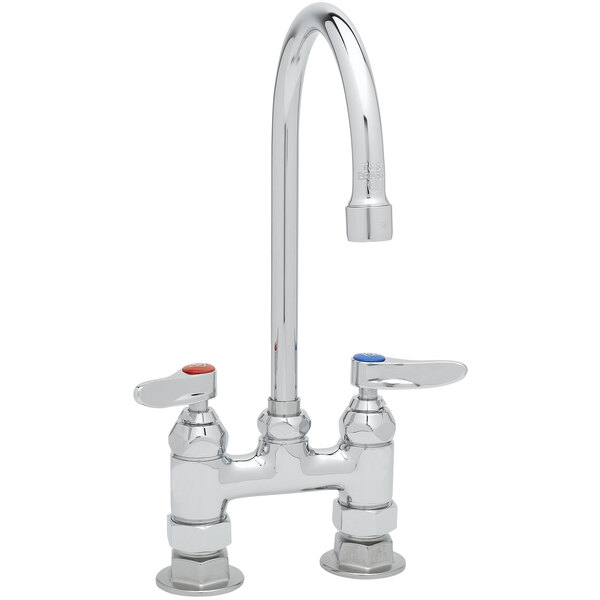 A chrome T&S deck-mount pantry faucet with two handles and two faucets.
