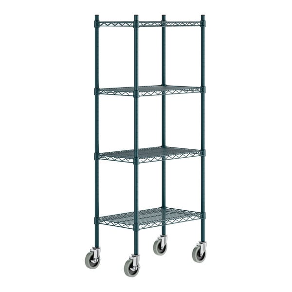 A green epoxy four-shelf metal storage rack with casters and 54-inch posts.