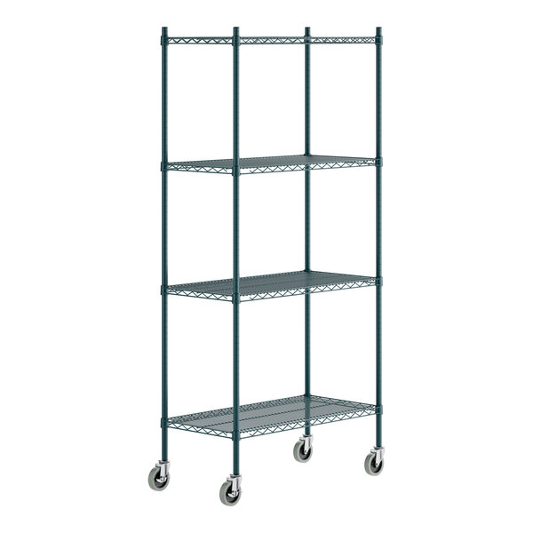 A green epoxy-coated four-shelf metal storage rack with casters.