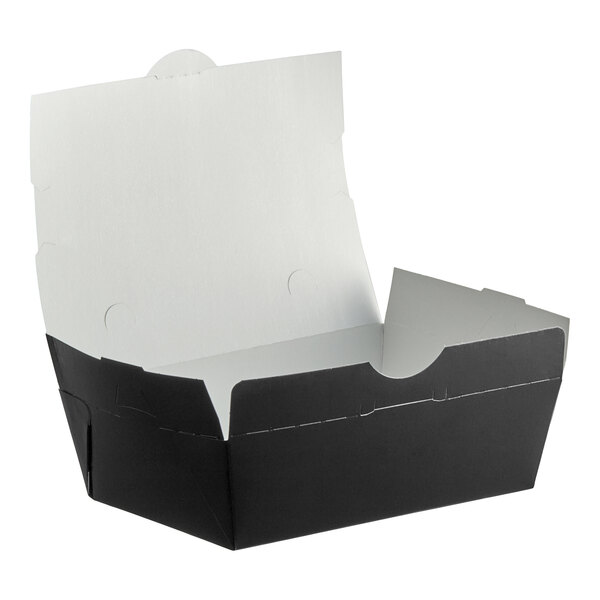 A black and white Southern Champion paper take-out box with a white lid.