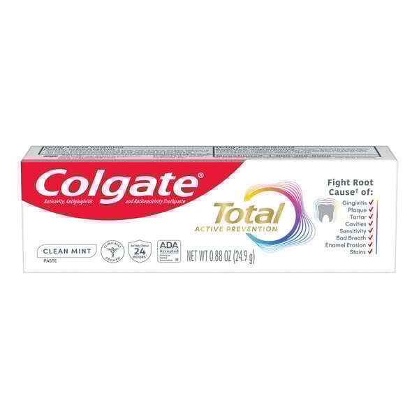 A white case of Colgate Total Deep Clean toothpaste with red and blue text.